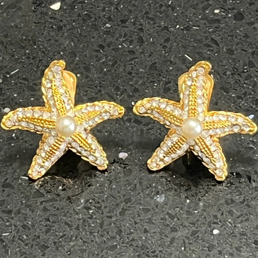 Kenneth Jay Lane KJL Pearl starfish gold crystal clip on earrings vintage QVC - Picture 2 of 3